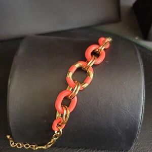 Kate Spade New York Coral Pink Enamel Gold Plate Chunky Link Bracelet Signed